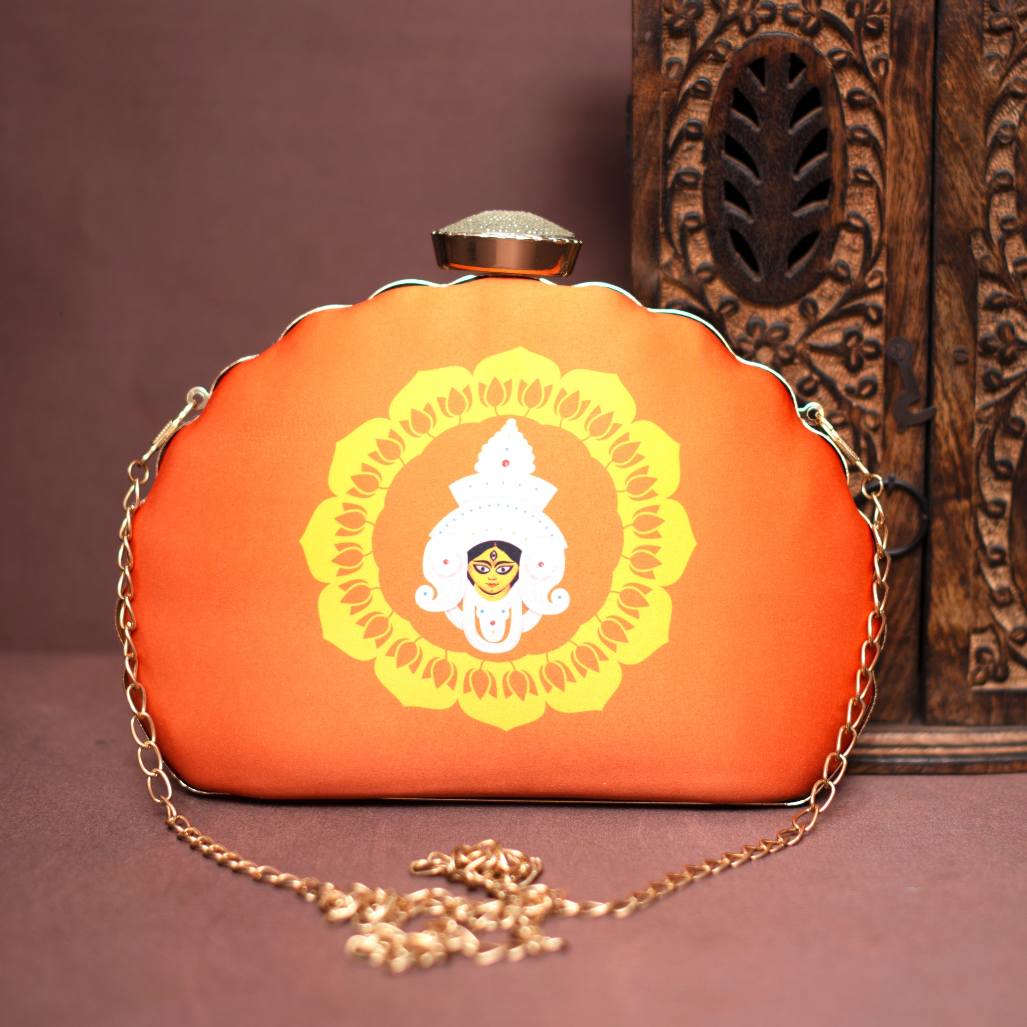 Artklim Orange And Yelllow Durga Printed D-Shape Clutch