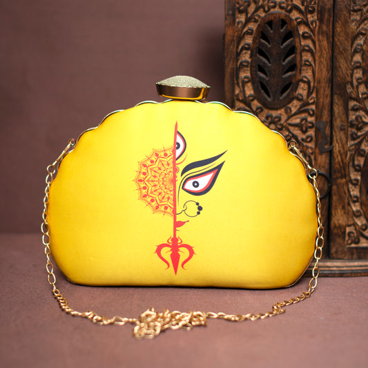 Artklim Yellow Durga Printed  D-Shape Clutch