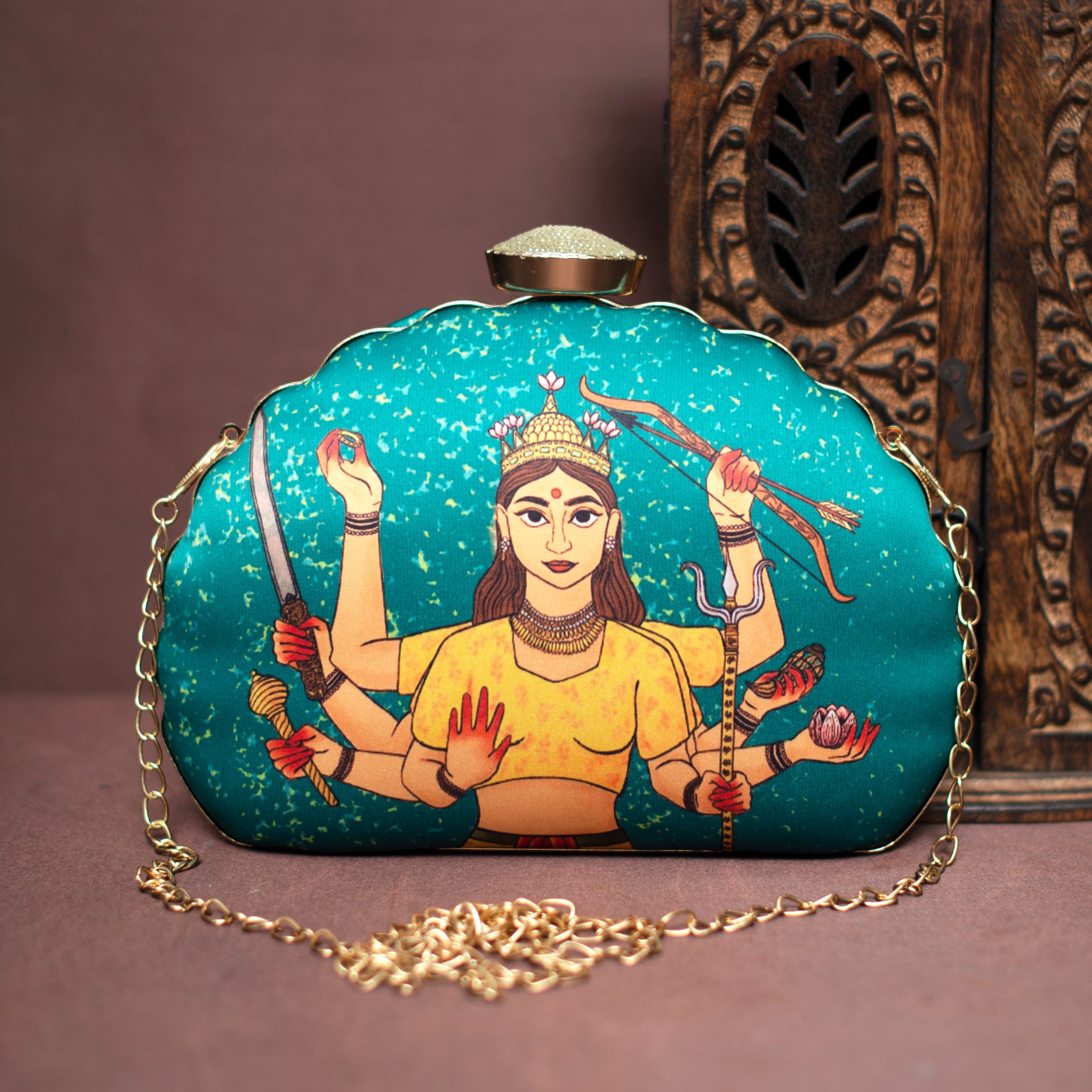 Artklim Maa Durga  D- Shape Printed Clutch