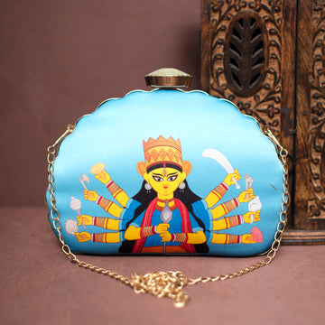 Artklim Durga Maa Blue Printed D-Shape Printed Clutch