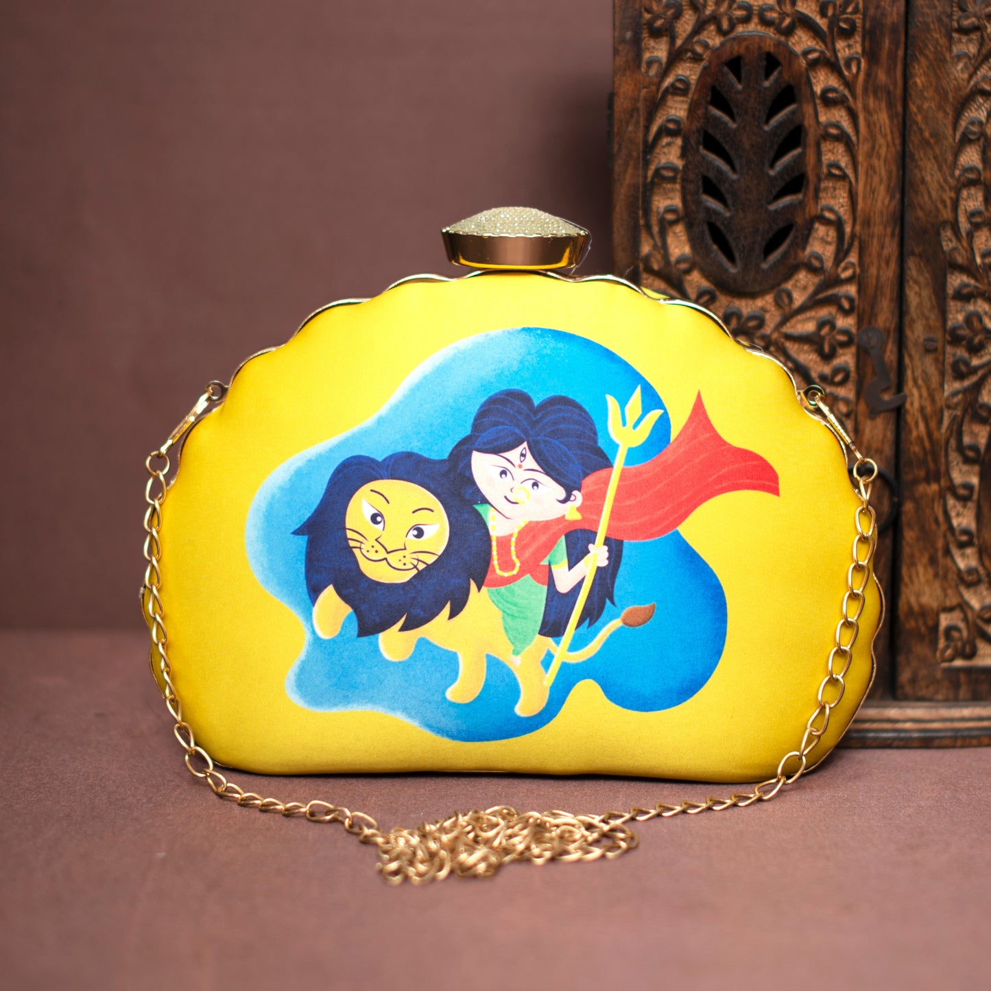 Yellow Durga And Lion Printed D-Shape Clutch