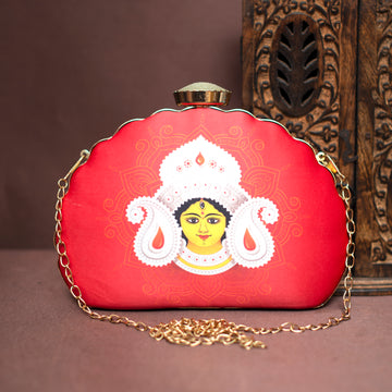 Artklim Red Durga Face Printed D-Shape  Clutch