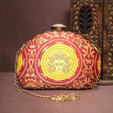 Maroon And Yellow Durga Printed D-Shape Clutch