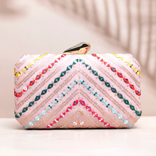 Pink Sequins Multicolour Embroidery Clutch