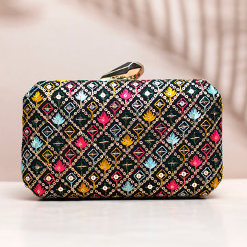 Black Sequins Multicolour Embroidery Clutch