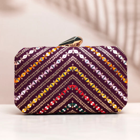 Wine Sequins Multicolour Embroidery Clutch