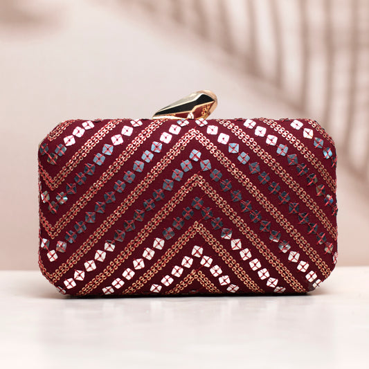 Silver Sequins Maroon Embroidery Clutch