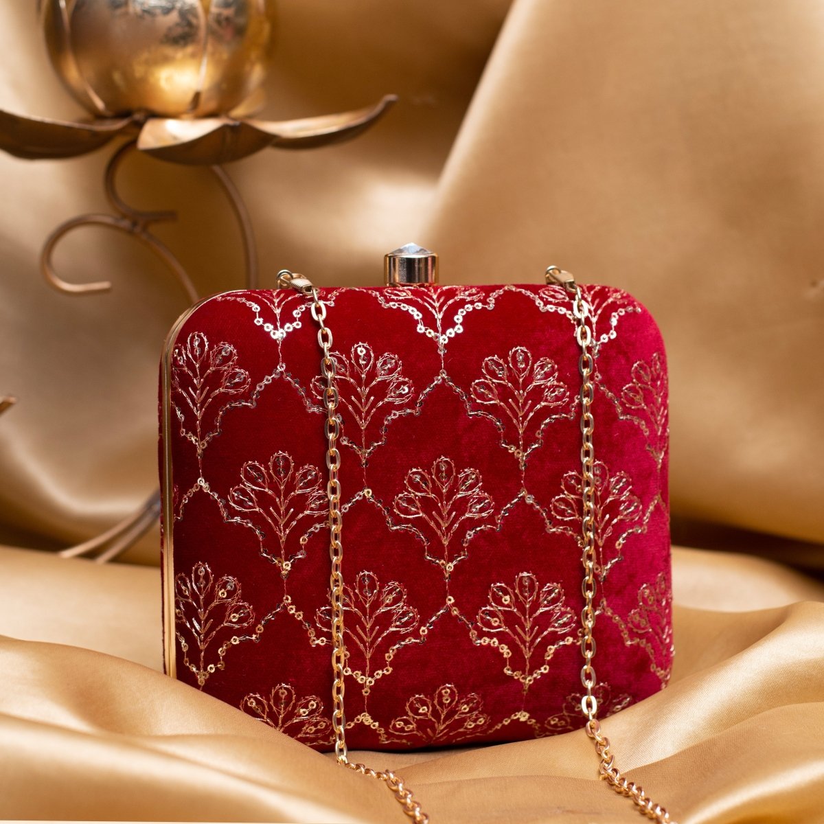 Artklim Maroon Based Golden Sequins Embroidery Clutch