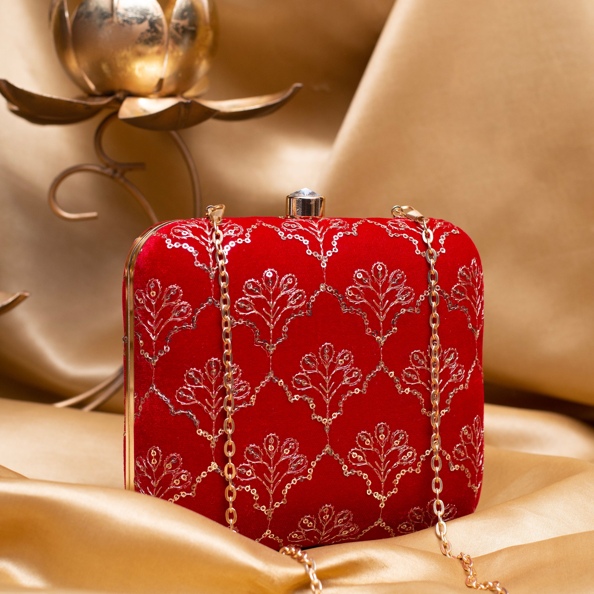 Artklim Bright Red Based Golden Sequins Embroidery Clutch