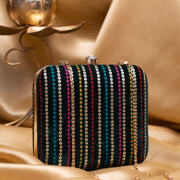 Artklim Green Based Multicolored Thread And Sequins Embroidery Clutch