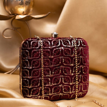 Artklim Maroon Based Golden Sequins Embroidery Clutch