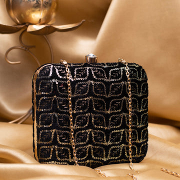 Artklim Black Based Golden Sequins Embroidery Clutch