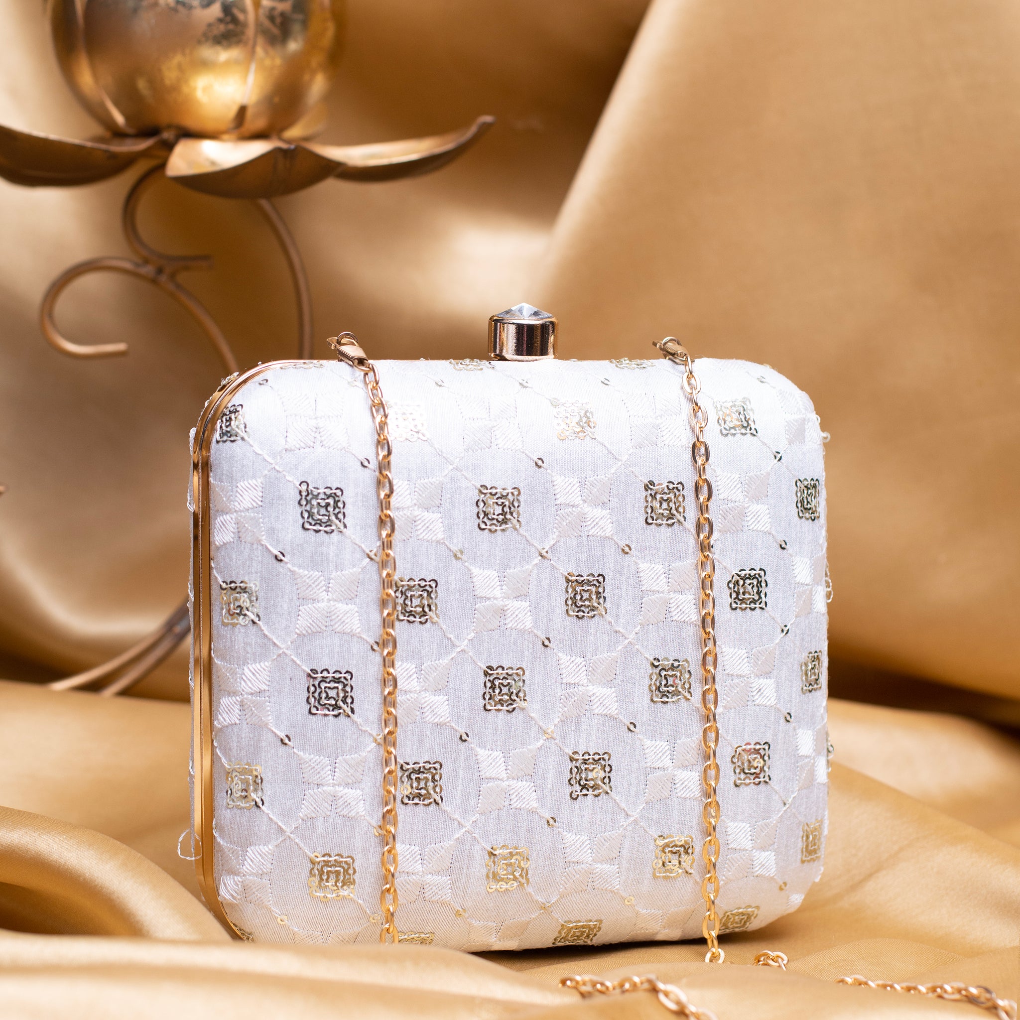 Artklim White Based Golden Sequins And Threadwork Embroidery Clutch