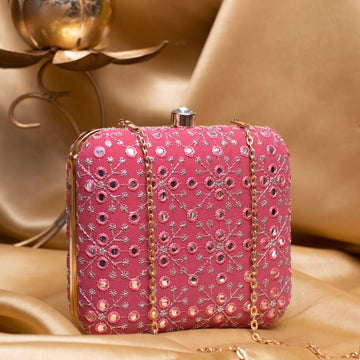 Artklim Pink Based Silver Threadwork Embroidery Clutch