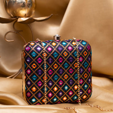 Artklim Black Based Multicolored Threadwork Embroidery Clutch