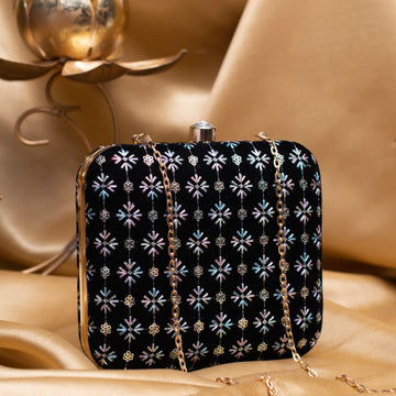 Artklim Black Based Multicolored Pattern Threadwork Embroidery Clutch