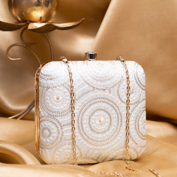 Artklim White Based Sequins Pattern Embroidery Clutch