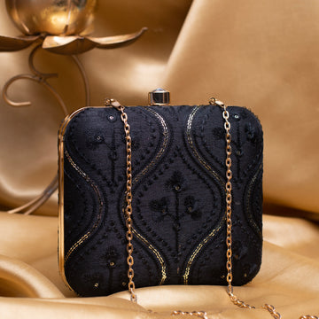 Artklim Black Based Golden Sequins And Threadwork Embroidery Clutch