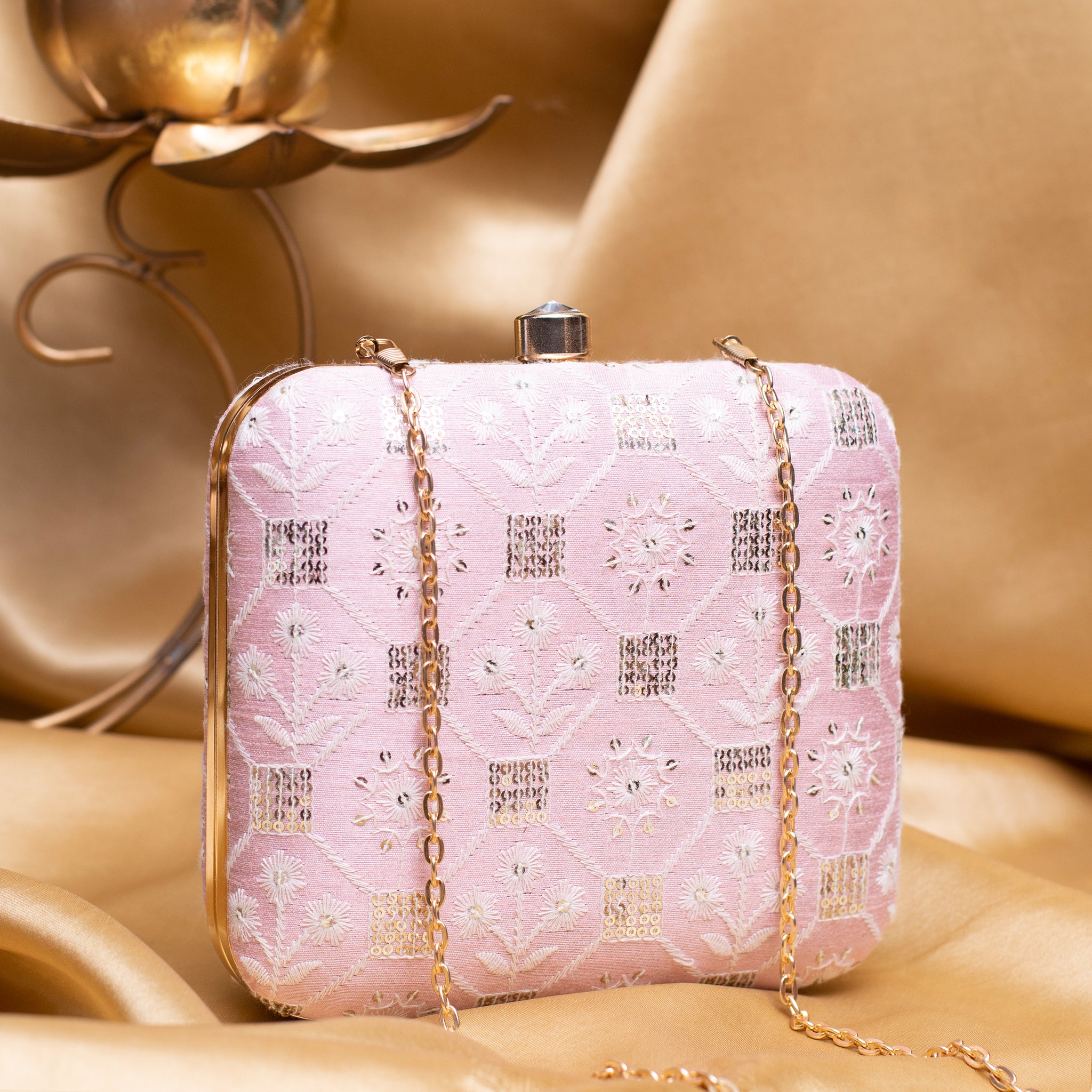 Artklim Baby Pink Based Silver And White Threadwork Embroidery Clutch