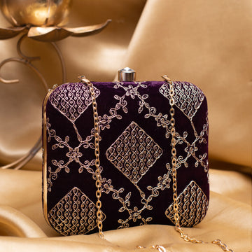 Artklim Purple Based Golden Zari Embroidery Clutch