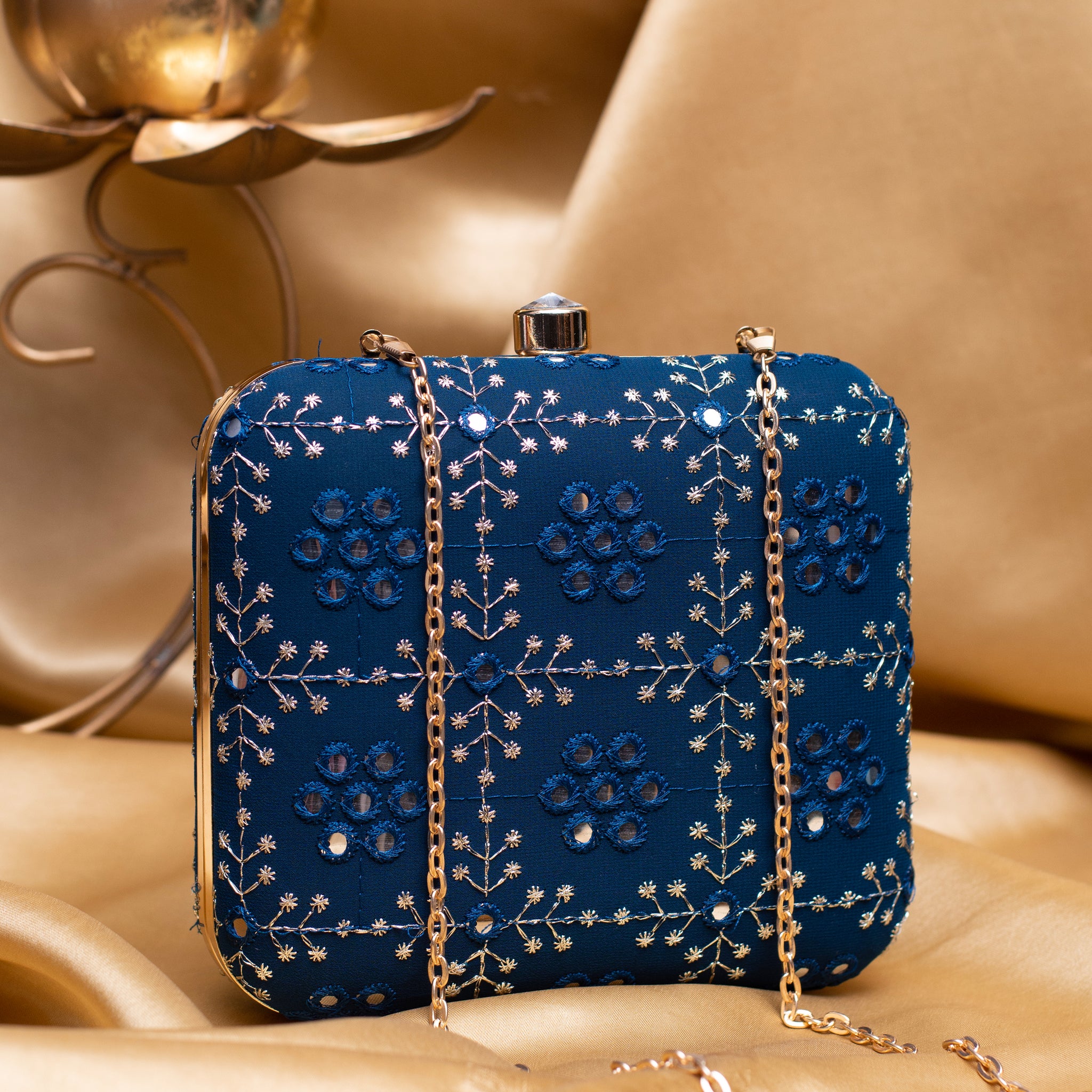 Artklim Blue Based Silver Threadwork Embroidery Clutch