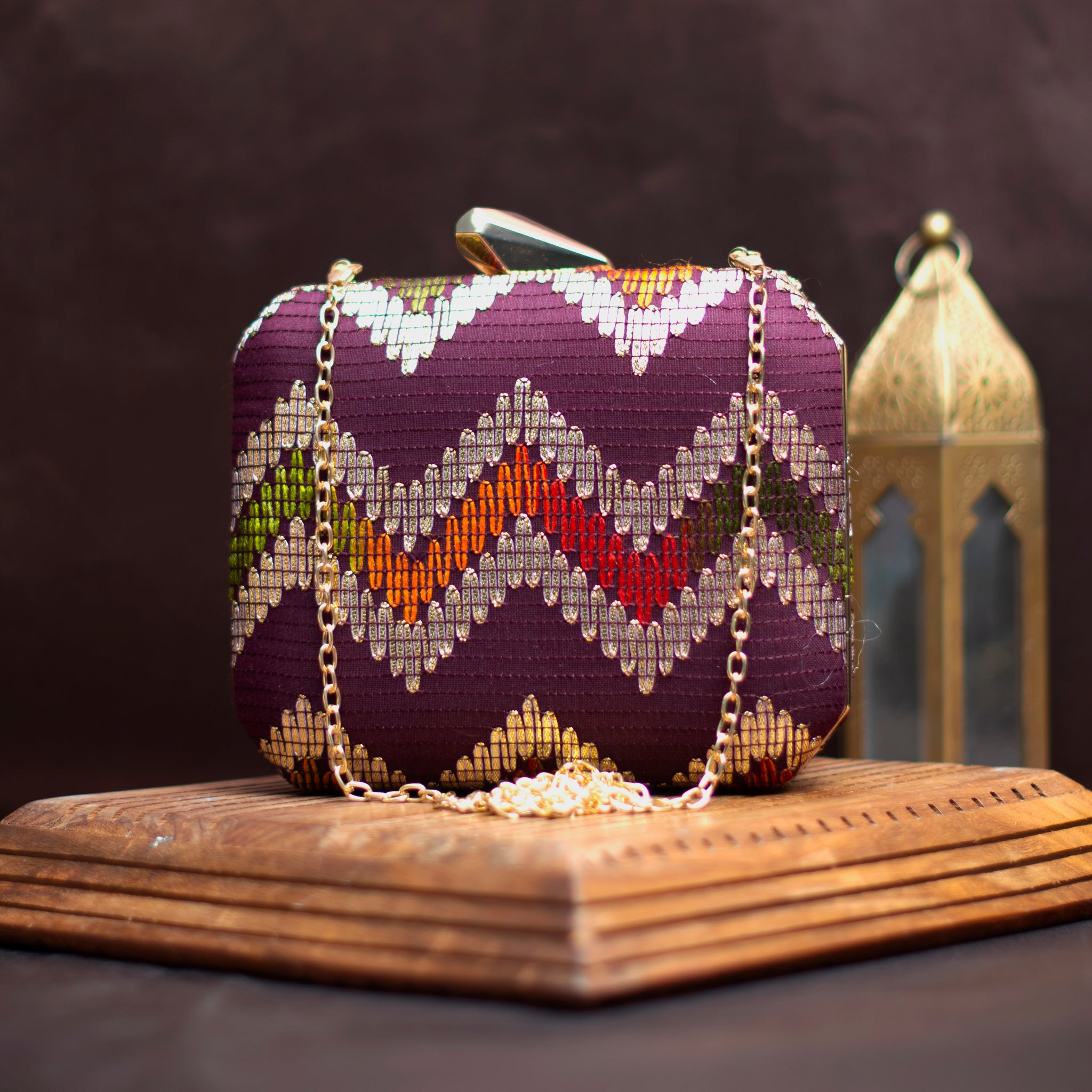 Wine Multicolour Zigzag Embroidery Clutch