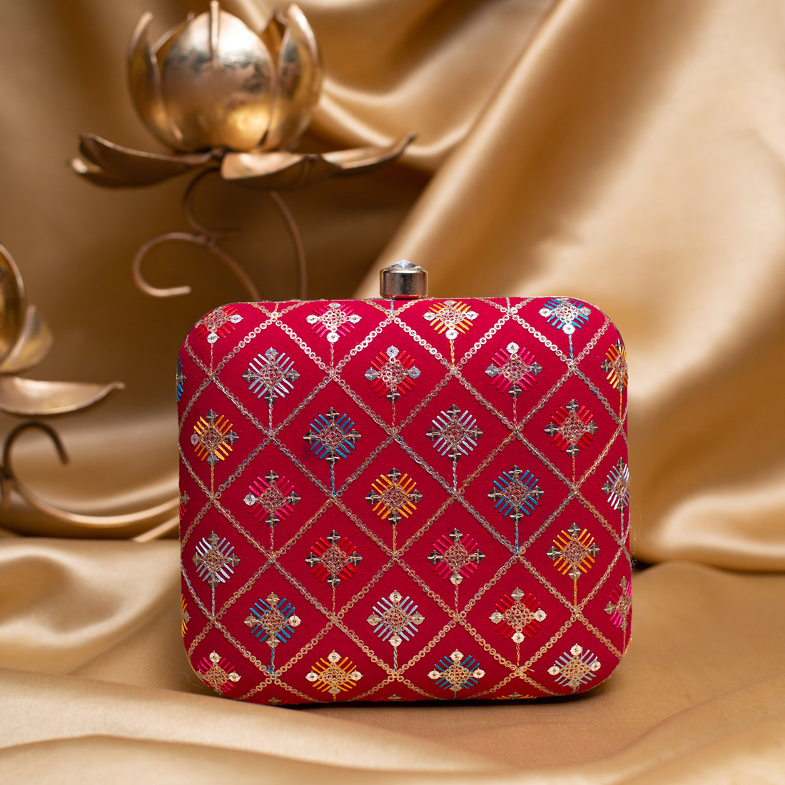 Artklim Red Based Multicolored Thread Embroidery Clutch