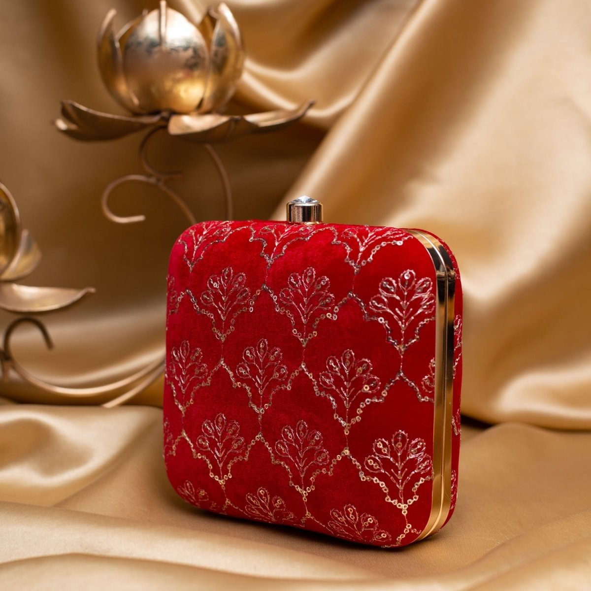 Artklim Bright Red Based Golden Sequins Embroidery Clutch