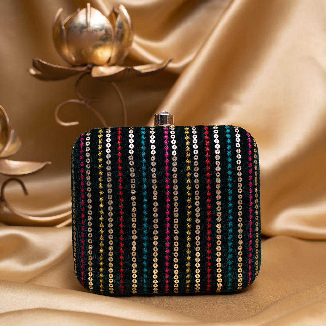 Artklim Green Based Multicolored Thread And Sequins Embroidery Clutch