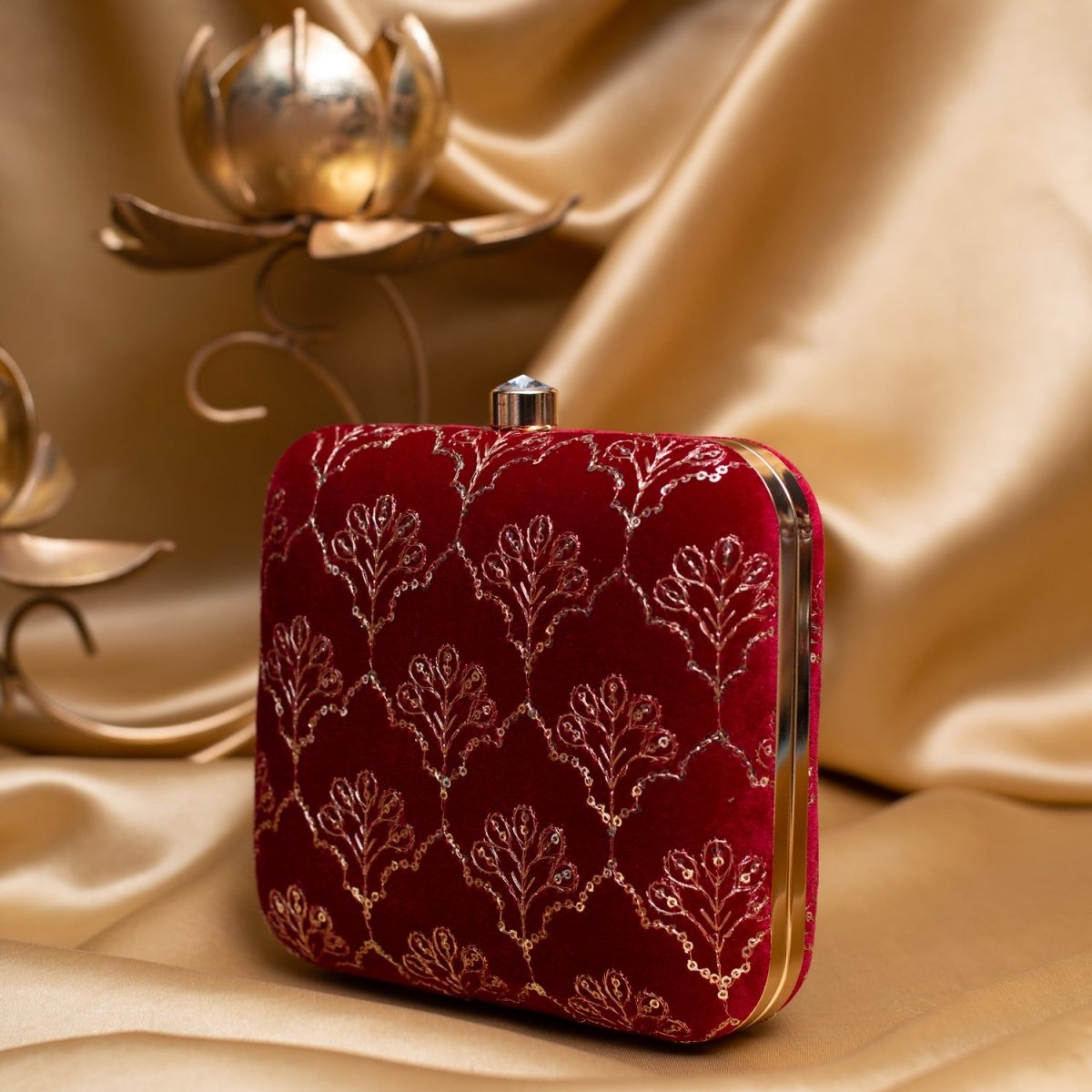 Artklim Maroon Based Golden Sequins Embroidery Clutch
