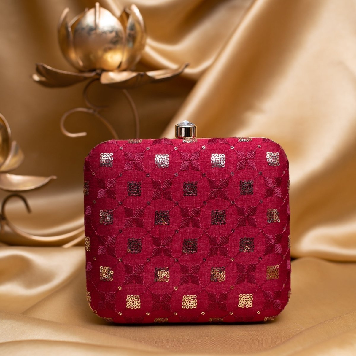 Artklim Red Based Silver Sequins Embroidery Clutch