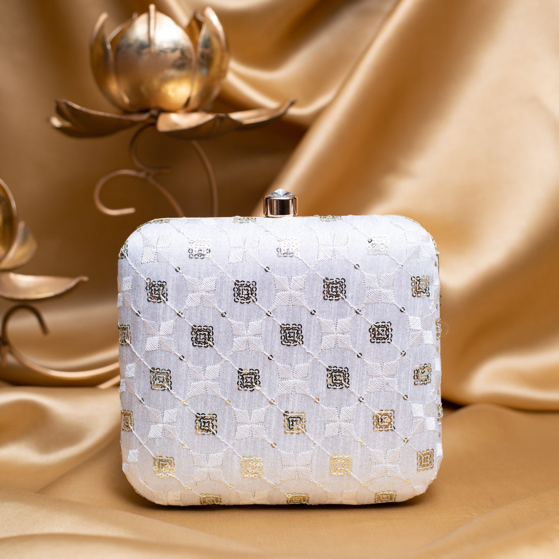 Artklim White Based Golden Sequins And Threadwork Embroidery Clutch