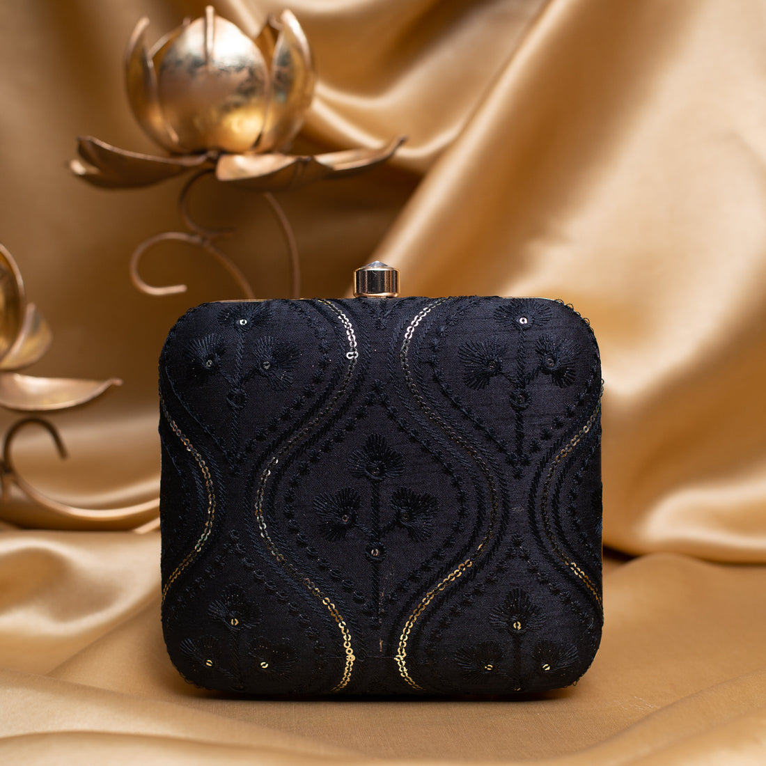 Artklim Black Based Golden Sequins And Threadwork Embroidery Clutch