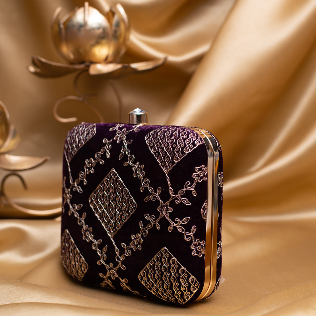 Artklim Purple Based Golden Zari Embroidery Clutch