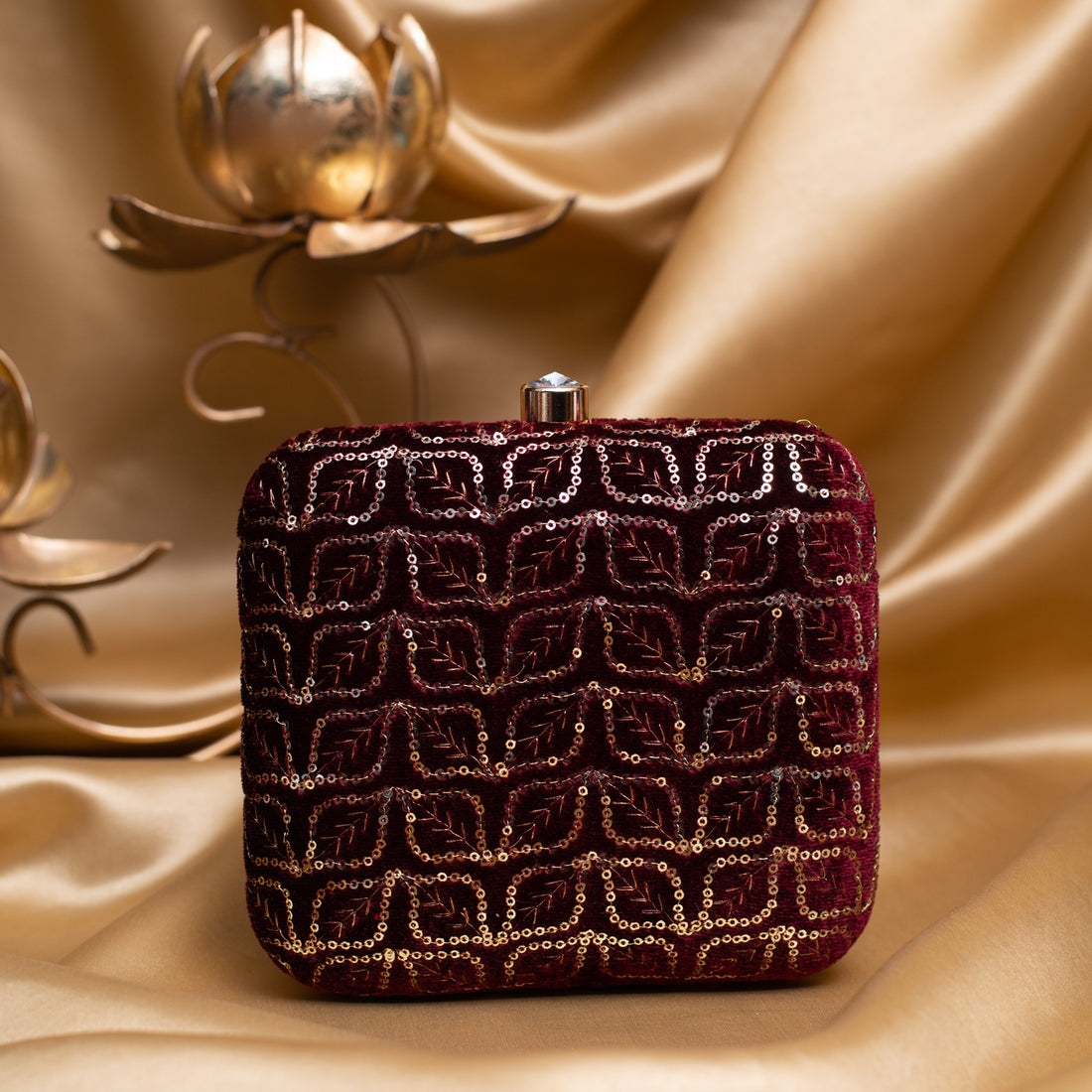 Artklim Maroon Based Golden Sequins Embroidery Clutch