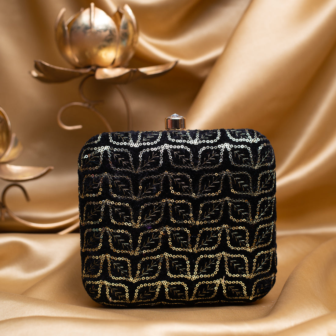 Artklim Black Based Golden Sequins Embroidery Clutch