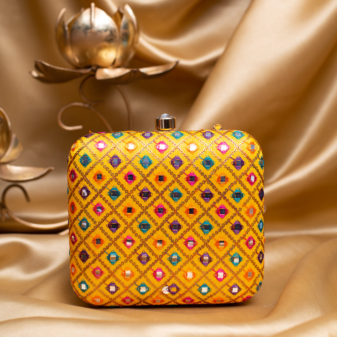 Artklim Yellow Based Multicolored Sequins Embroidery Clutch