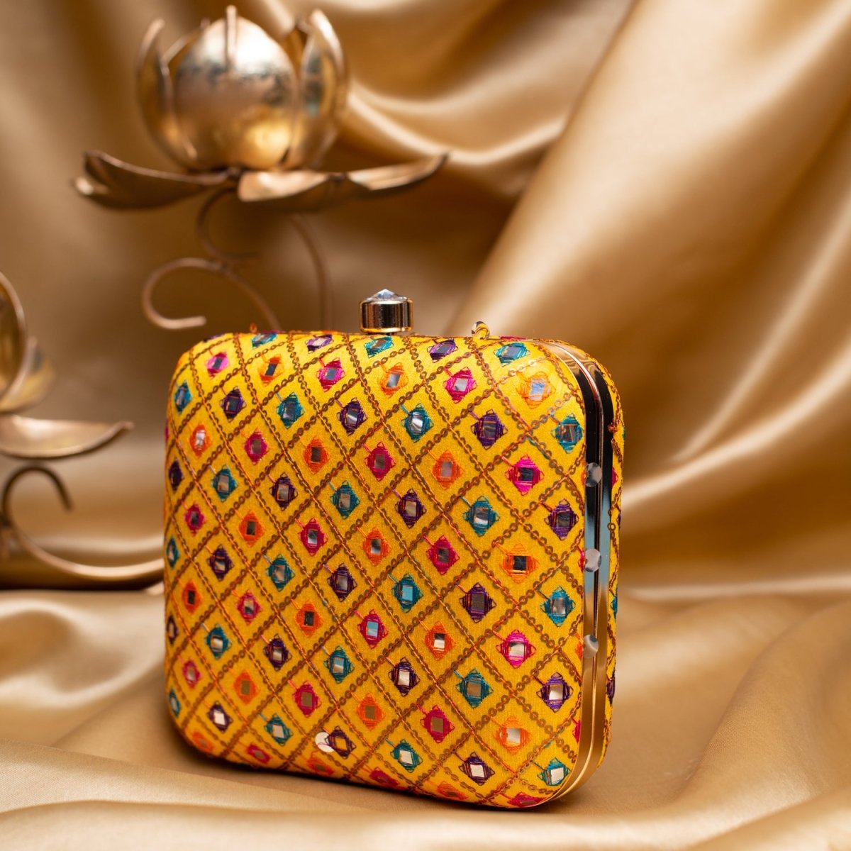 Artklim Yellow Based Multicolored Sequins Embroidery Clutch