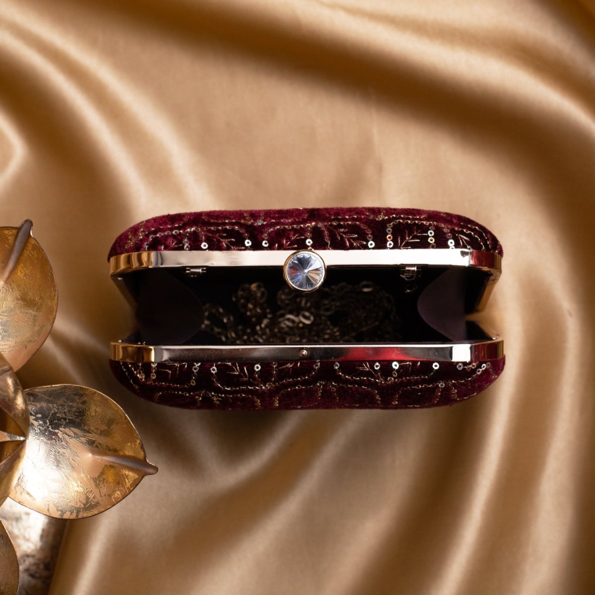 Artklim Maroon Based Golden Sequins Embroidery Clutch