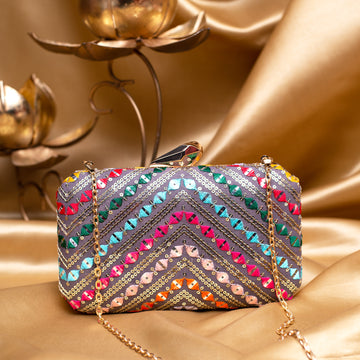 Artklim Grey Based Multicoloured Sequins Embroidery Clutch