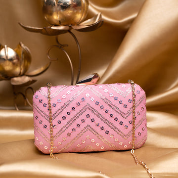 Artklim Light Pink Based Silver Sequins Embroidery Clutch