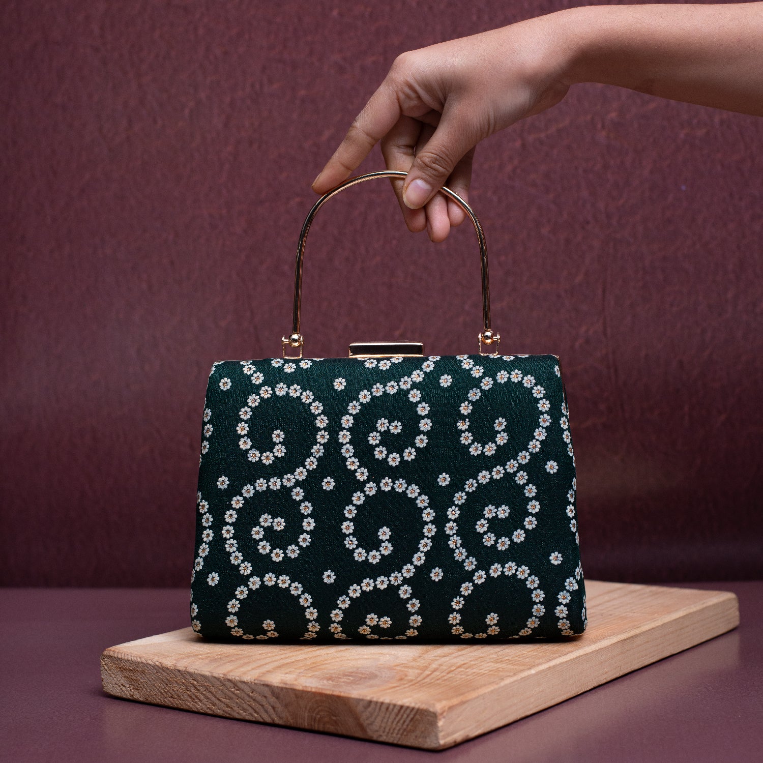 Arklim Dark Green Based White Floral Printed Clutch