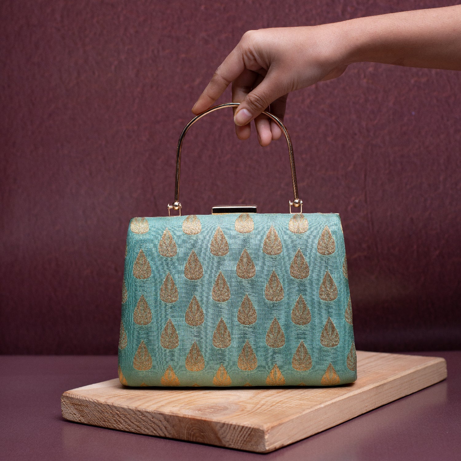 Artklim Marine Green Based Golden Pattern Brocade Fabric Clutch