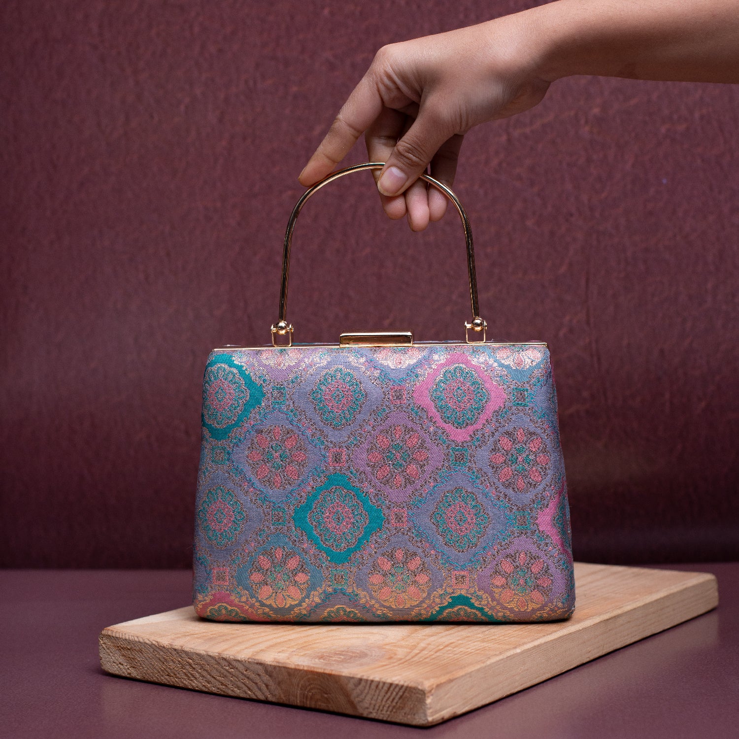 Artklim Blue And Pink Floral Pattern Printed Fabric Clutch