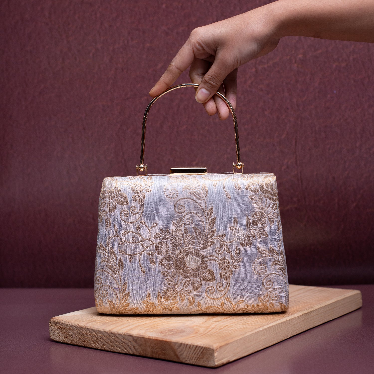 Artklim White Based Golden Floral Brocade Fabric Clutch