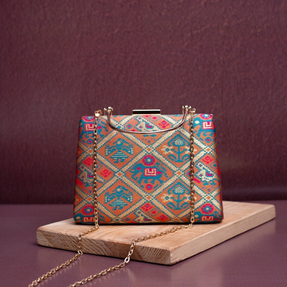 Artklim Ash Brown Based Patola Pattern Printed Fabric Clutch