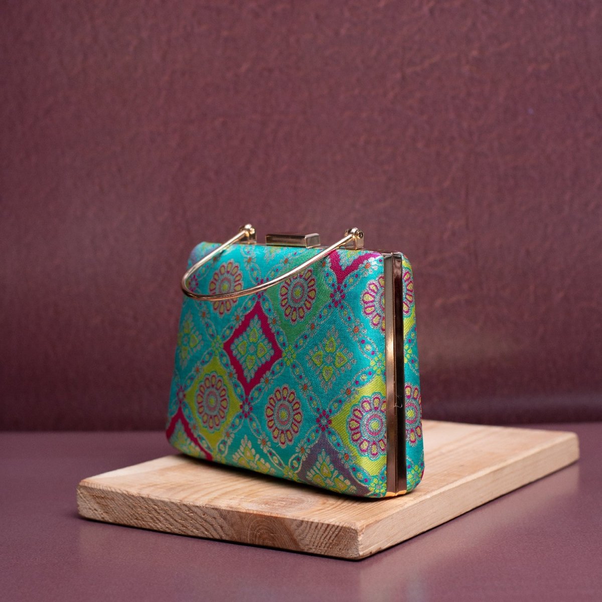 Artklim Blue Based Pattern Printed Silk Fabric Clutch