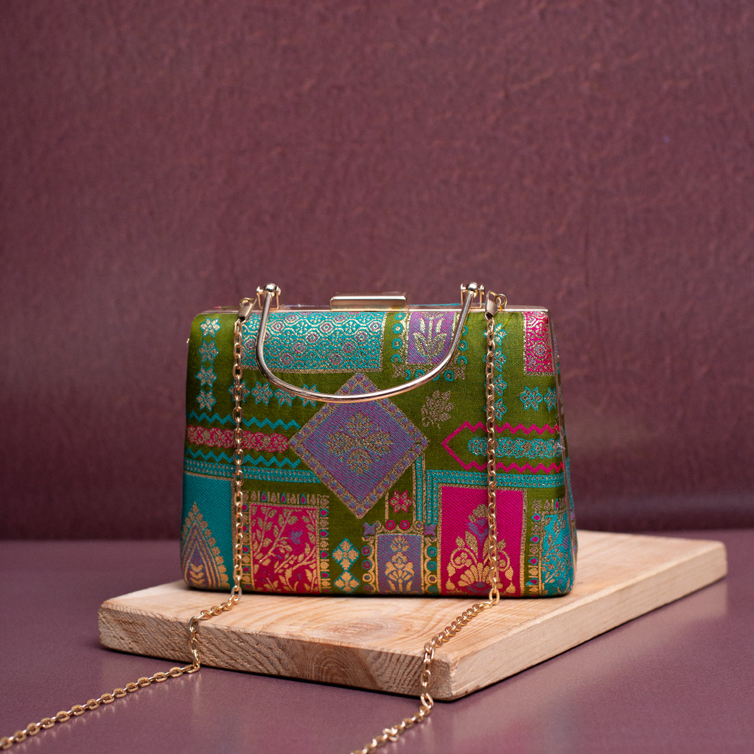 Artklim Green Based Multicolored Pattern Brocade Fabric Clutch