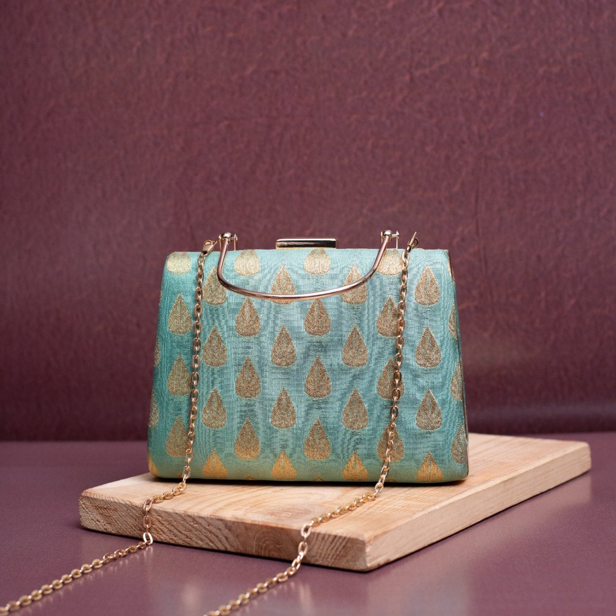 Artklim Marine Green Based Golden Pattern Brocade Fabric Clutch