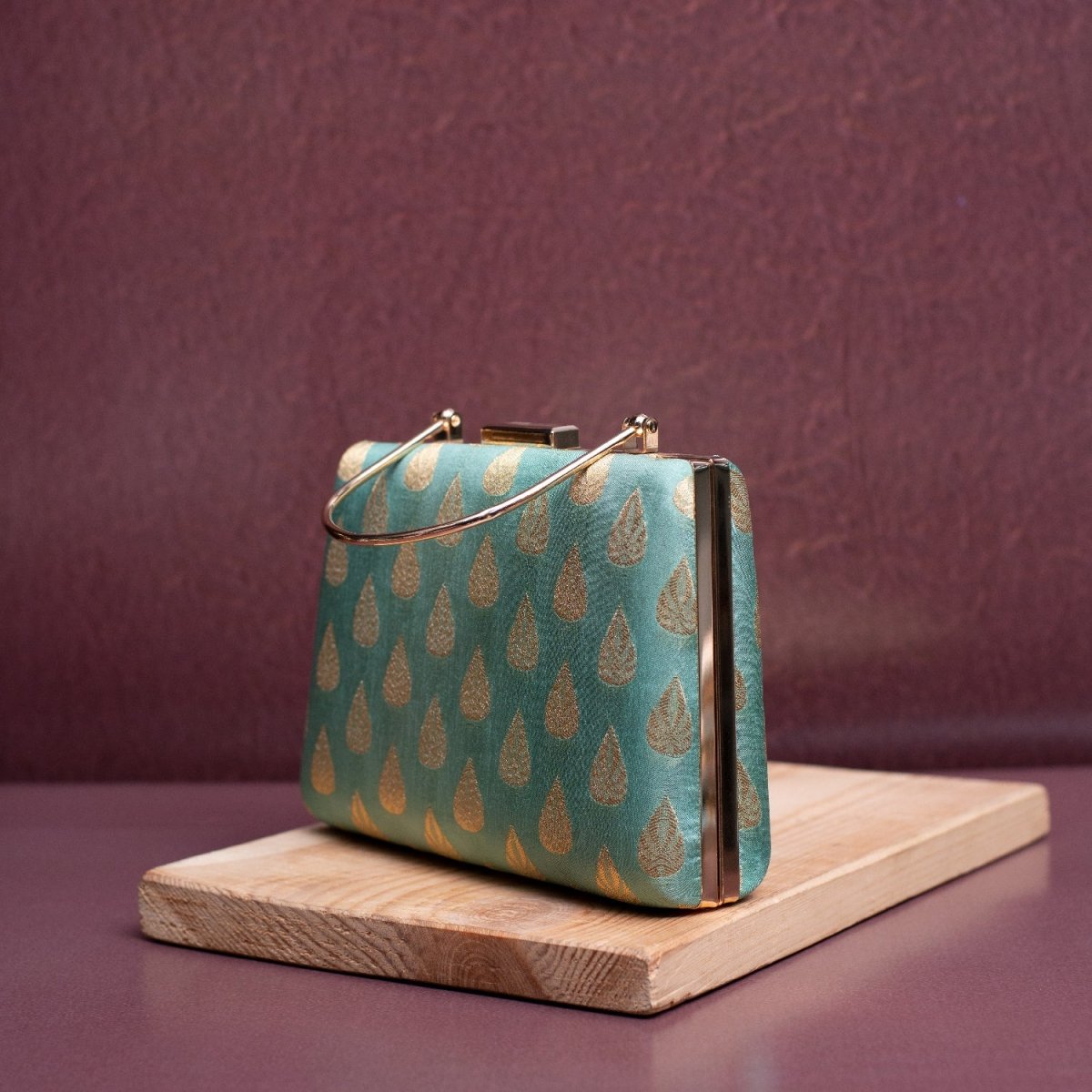 Artklim Marine Green Based Golden Pattern Brocade Fabric Clutch